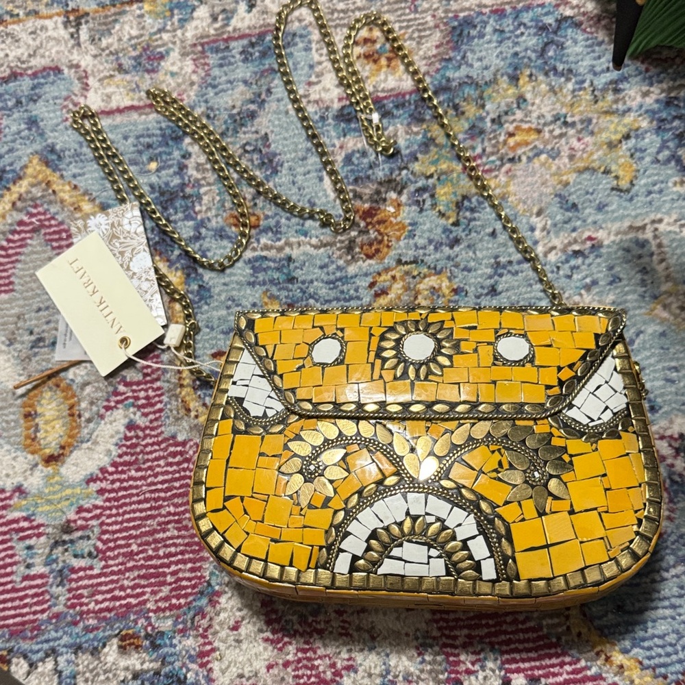 NWT ANTIK KRAFT Amoli Mosaic “Honey” Color Handmade in India Boho Shoulder Bag